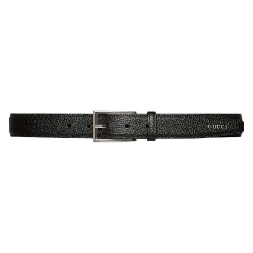 Gucci 3cm Gucci Script Leather Belt Dark Green Men Size 110cm/44"